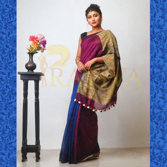 Blue Violet Pure Linen Sarees - Dailybuyys