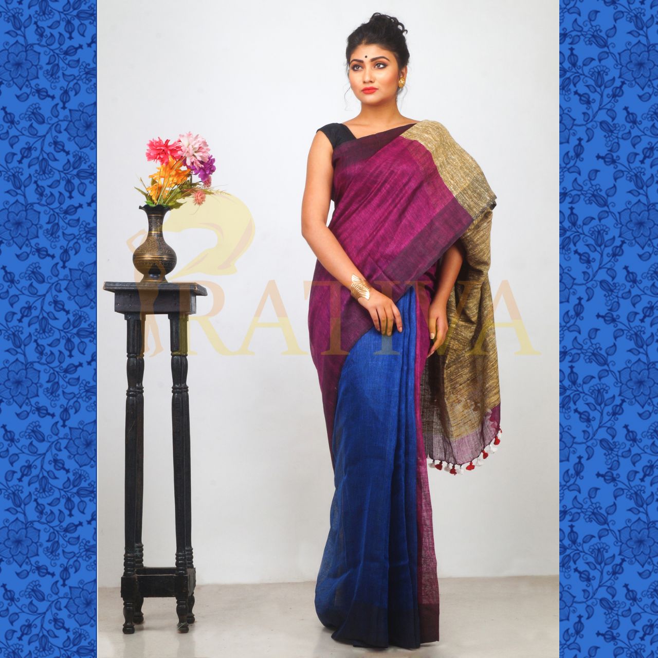 Blue Violet Pure Linen Sarees - Dailybuyys