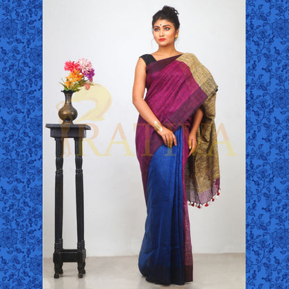 Blue Violet Pure Linen Sarees - Dailybuyys