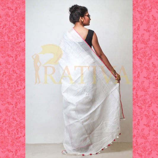White Pure Linen Sarees - Dailybuyys