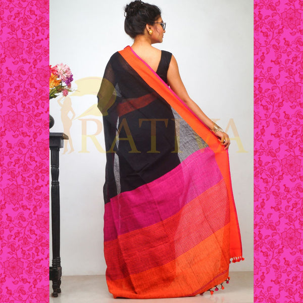 Black Orange Pure Linen Sarees