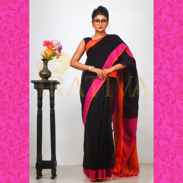 Black Orange Pure Linen Sarees