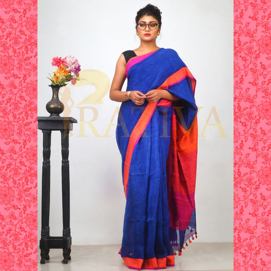 Blue Orange Pure Linen Sarees - Dailybuyys