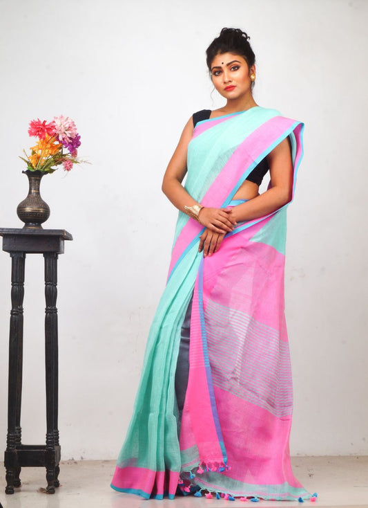 Pink Sky Pure Linen Sarees - Dailybuyys