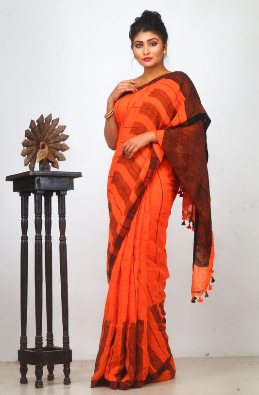 Orange Pure Linen Sarees - Dailybuyys