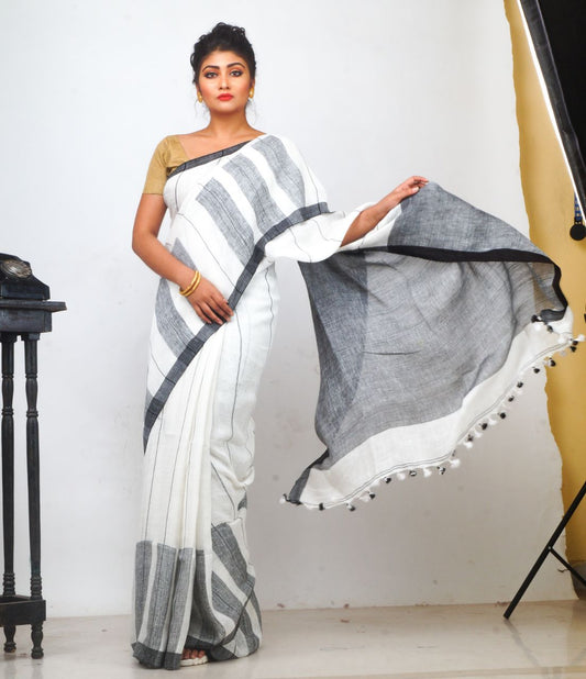 White Pure Linen Sarees - Dailybuyys