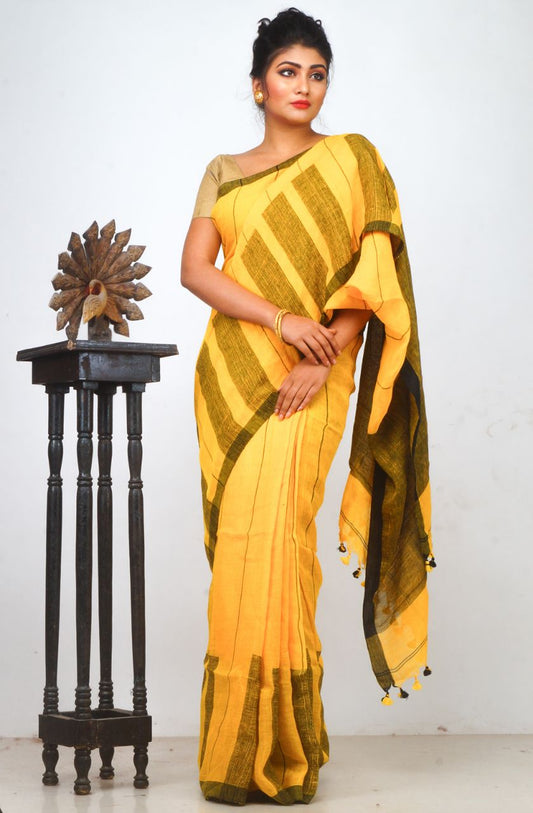 Yellow Pure Linen Sarees - Dailybuyys