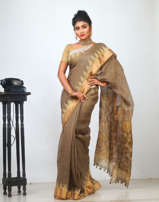 Grey Pure Linen Sarees - Dailybuyys