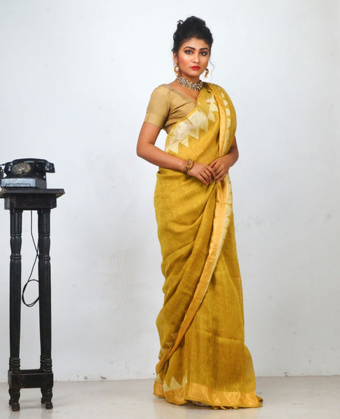 Yellow Pure Linen Sarees