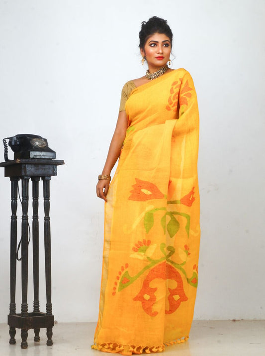 Yellow Pure Linen Sarees - Dailybuyys