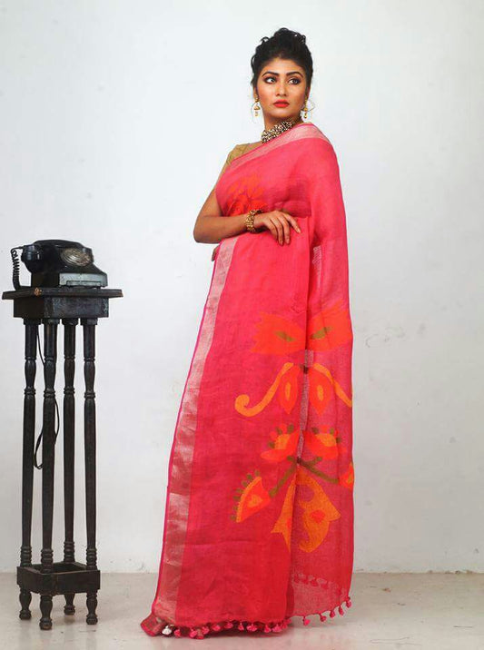 Pink Pure Linen Sarees - Dailybuyys