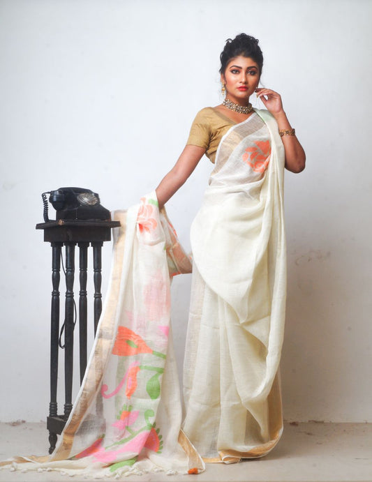 White Pure Linen Sarees - Dailybuyys