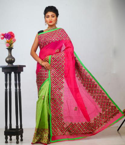 Pink Green Kathiawari Sarees Get Extra 10% Discount on All Prepaid Transaction