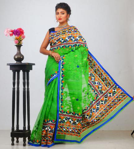 Green Jamdani Kathiawari Sarees Dailybuyys