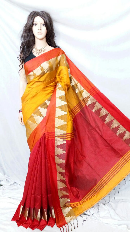 Yellow Red Pure Cotton Silk Sarees - Dailybuyys