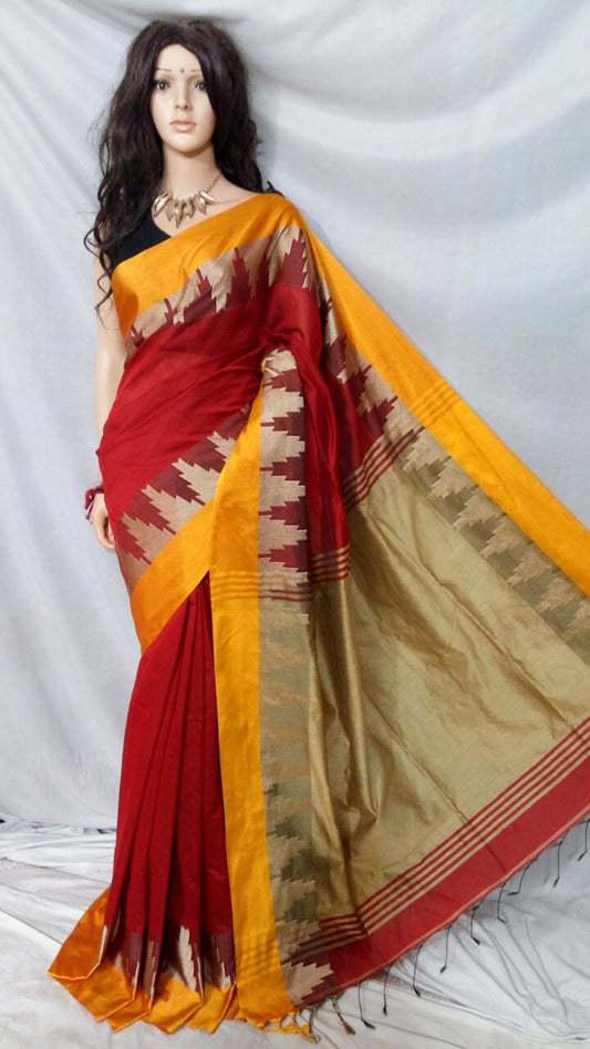 Red Yellow Pure Cotton Silk Sarees - Dailybuyys