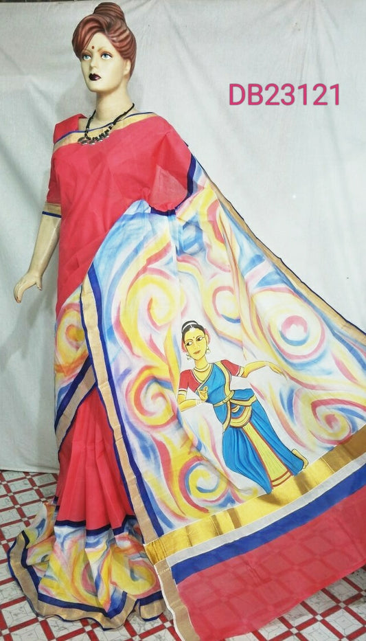 Red White Kerala Pure Cotton Sarees - Dailybuyys