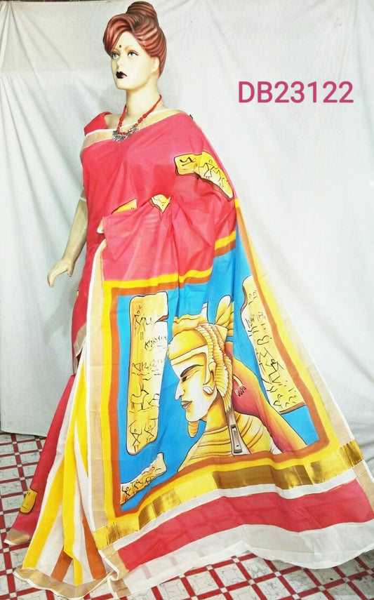 Red Yellow Kerala Pure Cotton Sarees - Dailybuyys