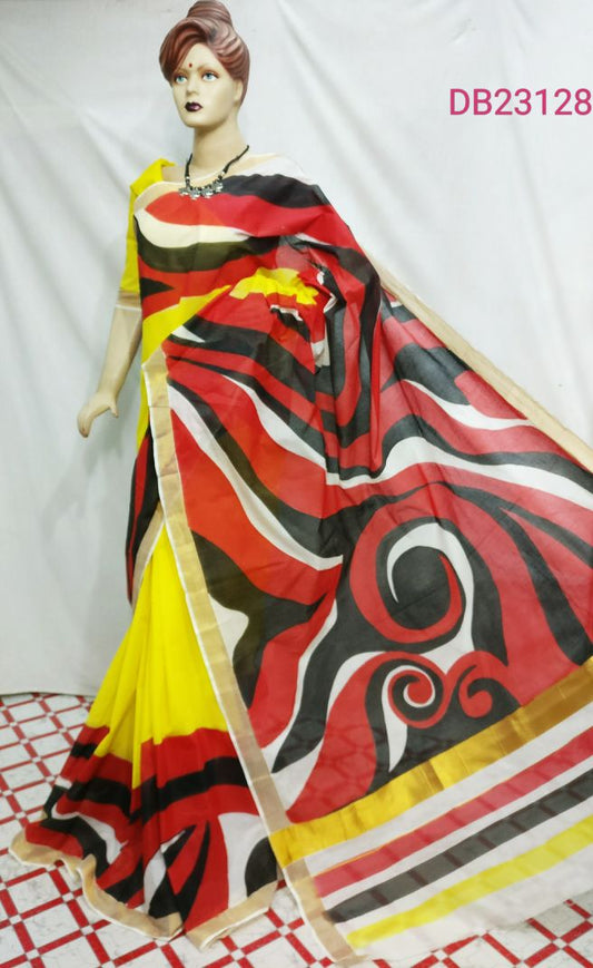 Red Yellow Kerala Pure Cotton Sarees - Dailybuyys