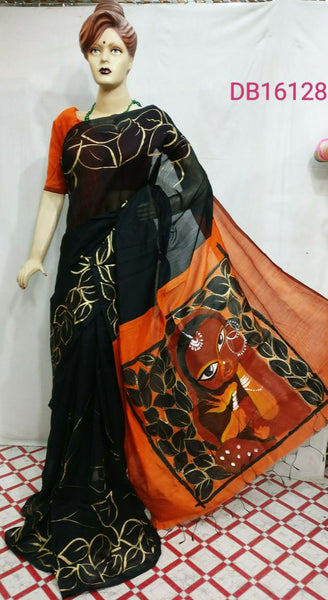 Black Orange Bengal Handloom Silk Sarees