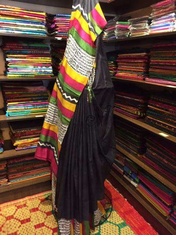 Black Grey Pure Silk Mark Certified Tussar Ghicha Silk Sarees