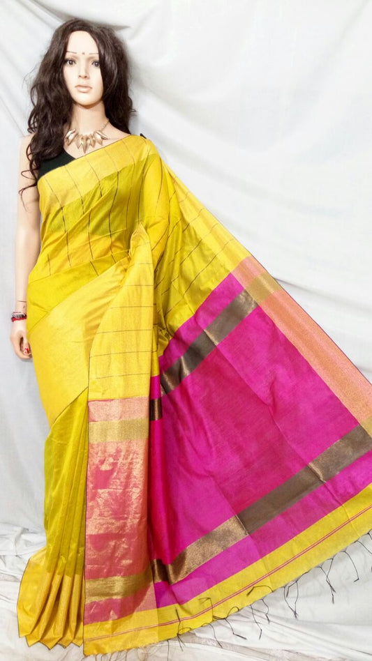 Yellow Pure Mahapar Pure Cotton Silk Sarees - Dailybuyys