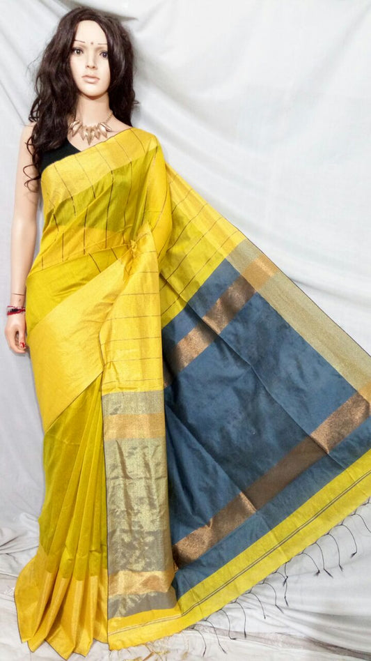 Yellow Pure Mahapar Pure Cotton Silk Sarees - Dailybuyys