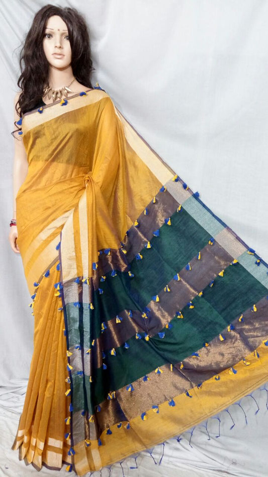 Yellow Pure Cotton Silk Sarees - Dailybuyys