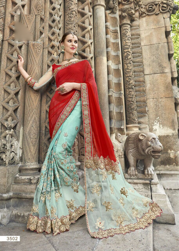 Red Blue Party Wear Sarees