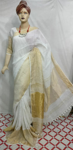 White Pure Linen Sarees