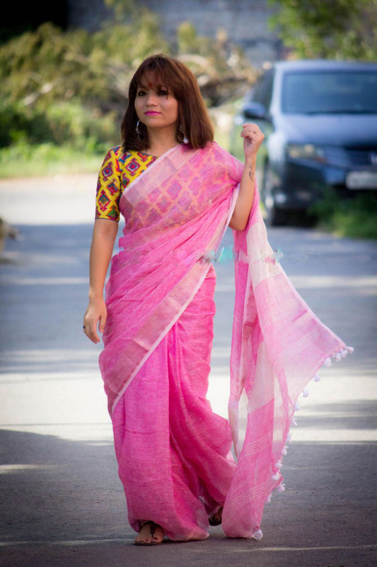 Pink Pure Linen Sarees - Dailybuyys