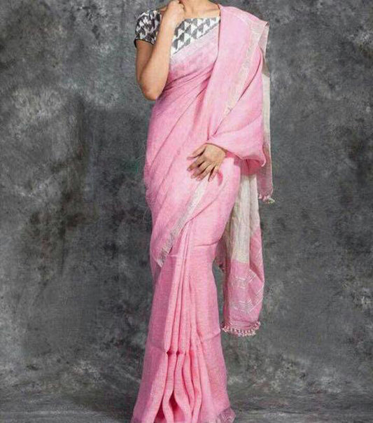 Pink Pure Linen Sarees - Dailybuyys