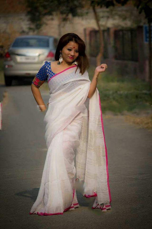 White Pure Linen Sarees - Dailybuyys