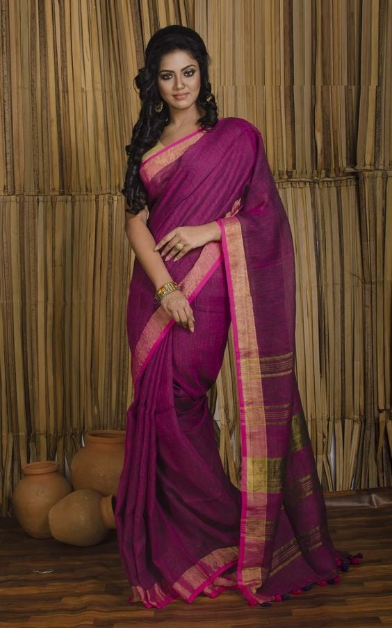 Violet Pure Linen Sarees - Dailybuyys