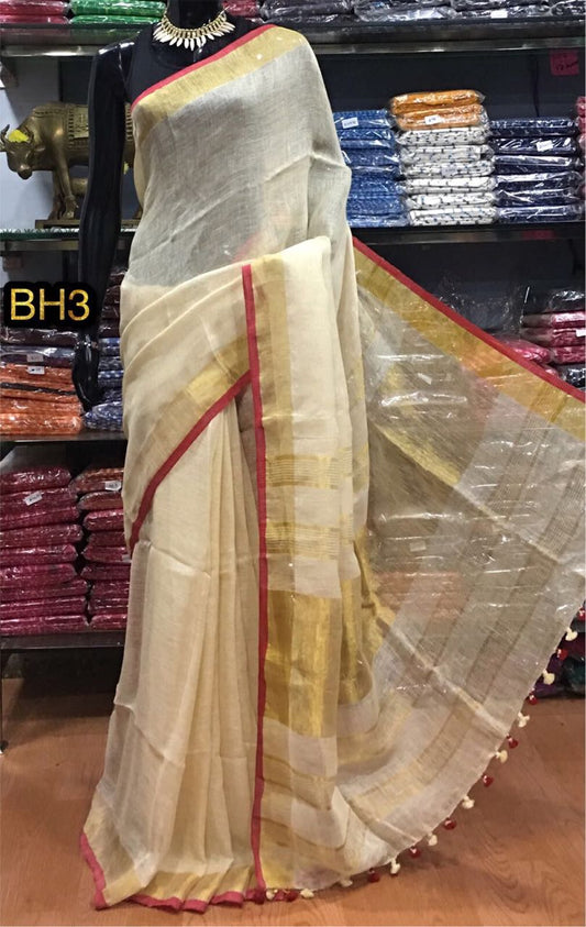 Beige Pure Linen Sarees - Dailybuyys