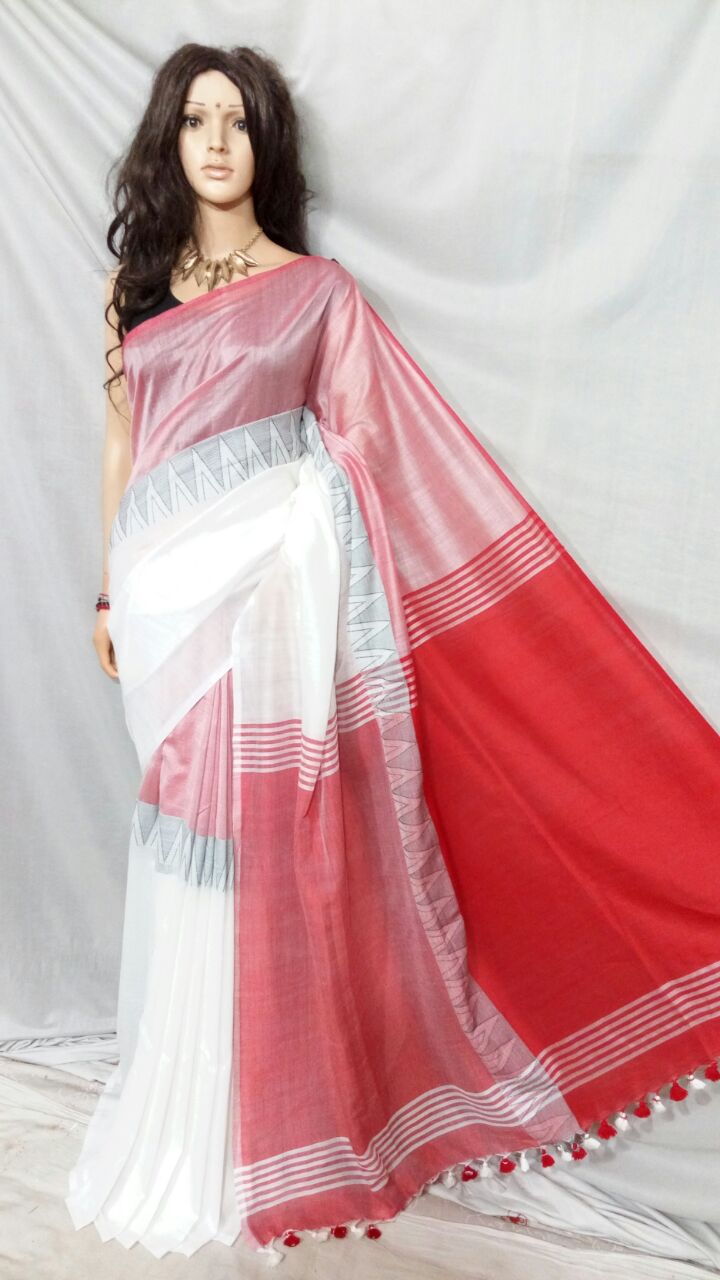 White Red Madhyamani Sarees - Dailybuyys