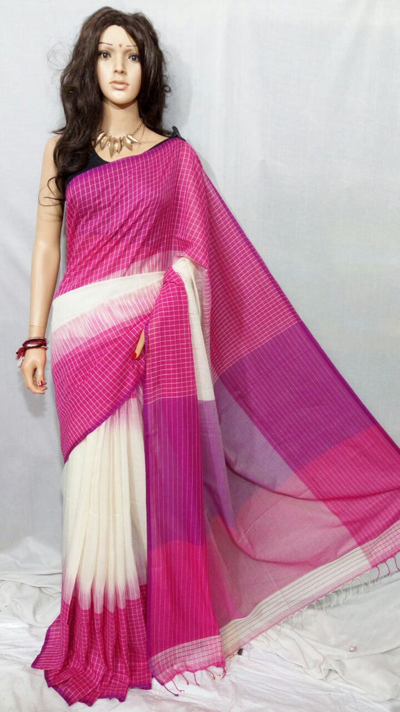 Pink White Bengal Handloom Khadi Sarees