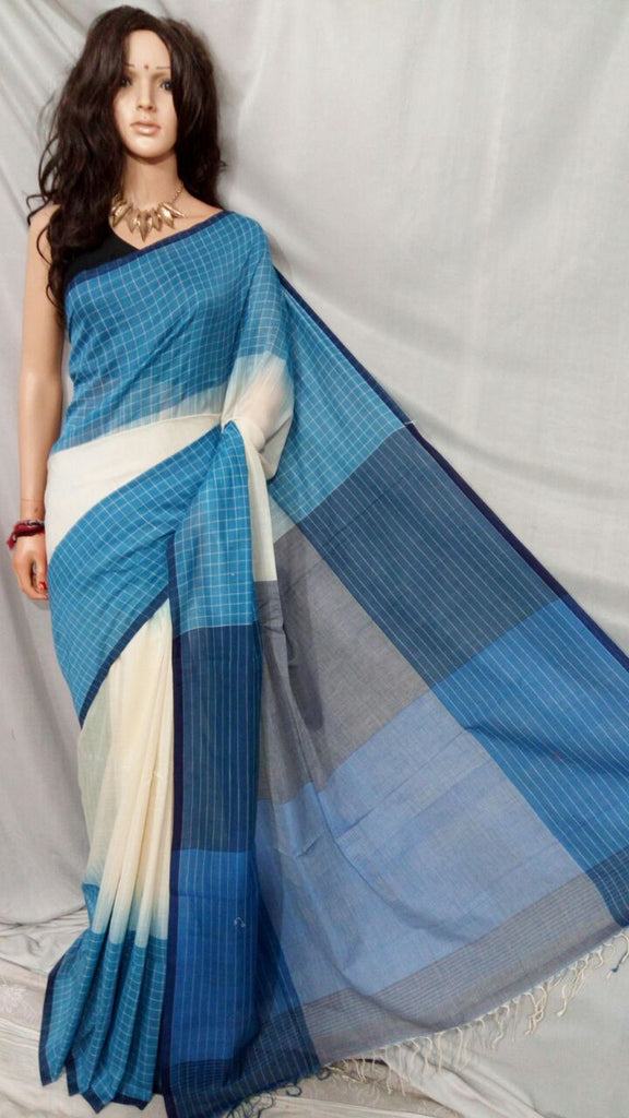 Blue White Bengal Handloom Khadi Sarees