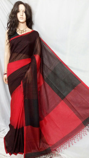 Red Black Bengal Handloom Khadi Sarees