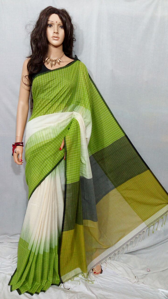 Green White Bengal Handloom Khadi Sarees