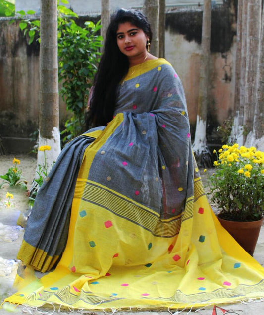 Grey Yellow Pure Linen Sarees - Dailybuyys