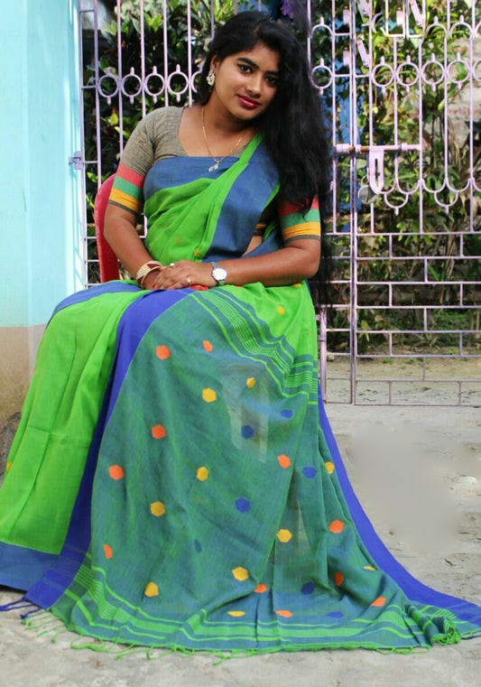 Green Blue Pure Linen Sarees - Dailybuyys