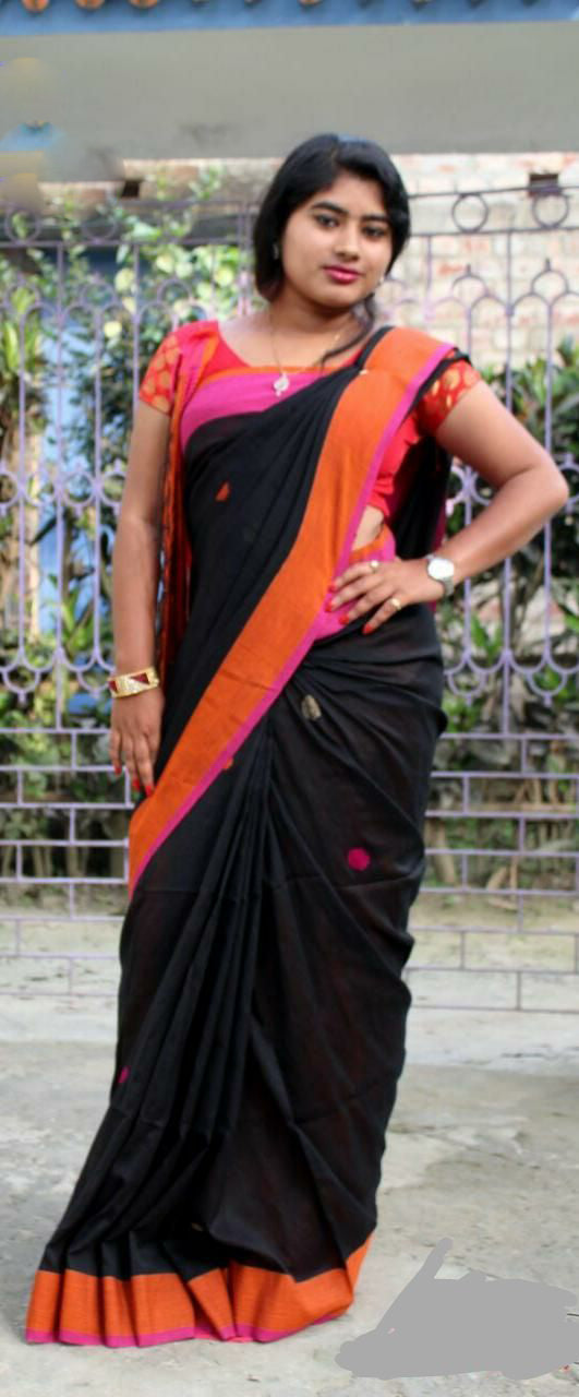 Black Orange Pure Linen Sarees - Dailybuyys