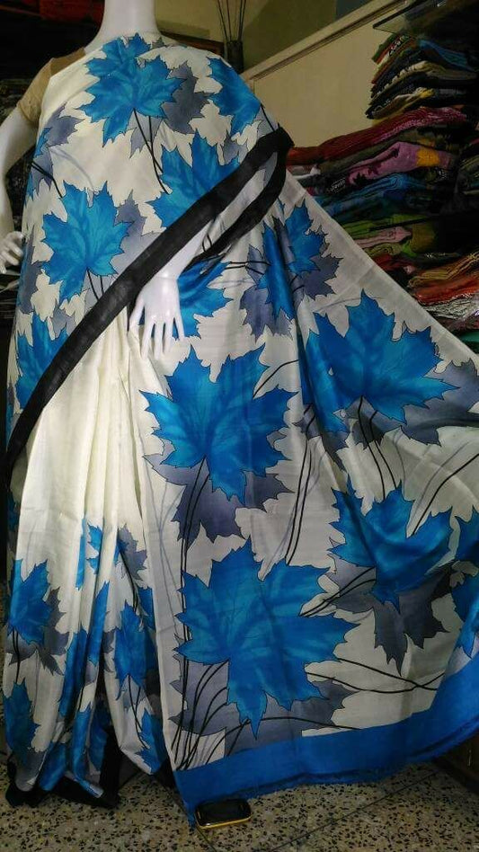 White Blue Pure Silk Sarees - Dailybuyys