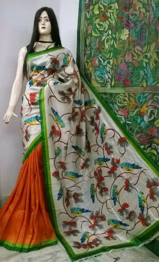 Orange Beige Pure Silk Sarees - Dailybuyys