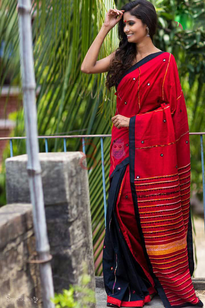 Red Black Mirror Work Khesh Sarees - Dailybuyys