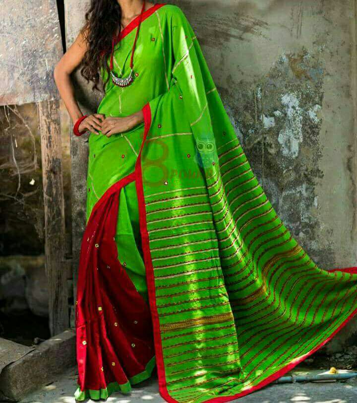Green Maroon Mirror Work Khesh Sarees - Dailybuyys