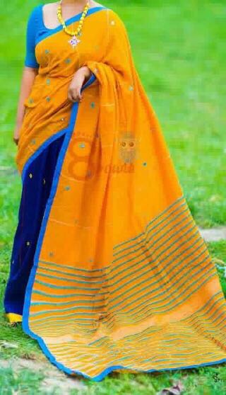 Yellow Blue Mirror Work Khesh Sarees - Dailybuyys