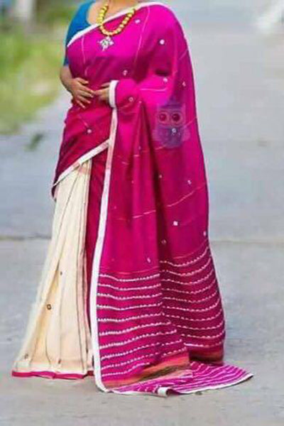 Pink White Mirror Work Khesh Sarees - Dailybuyys