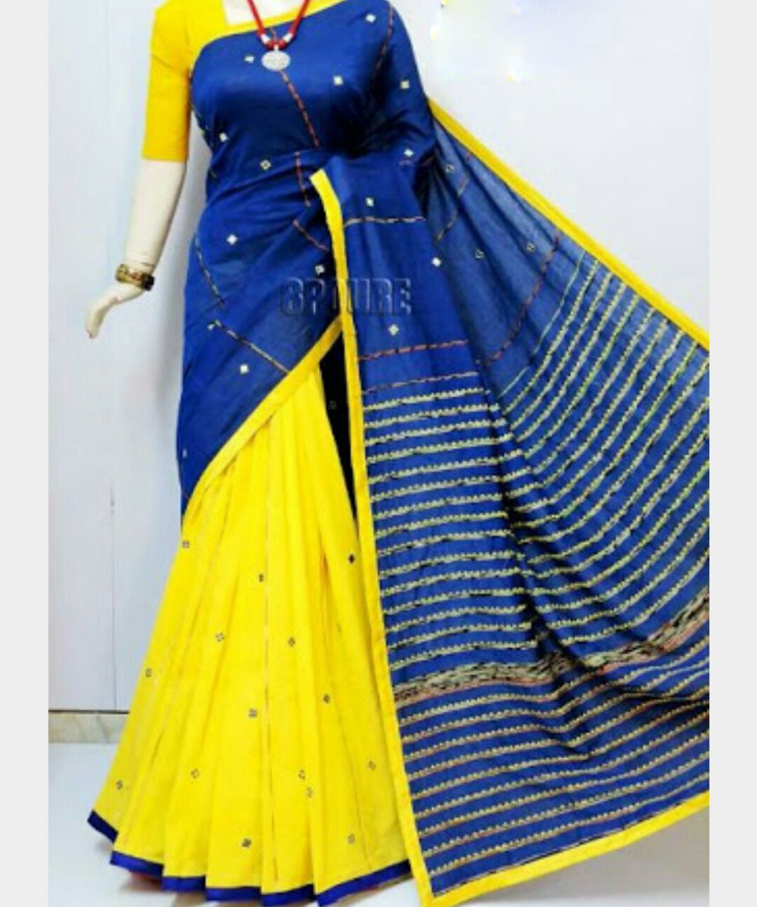 Blue Yellow Mirror Work Khesh Sarees - Dailybuyys